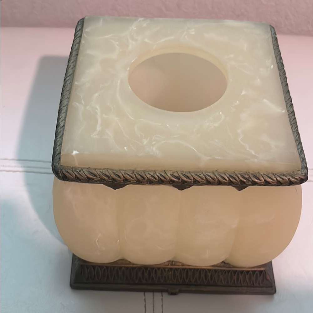 Cream and Brown Candle Holder with Carved Accents